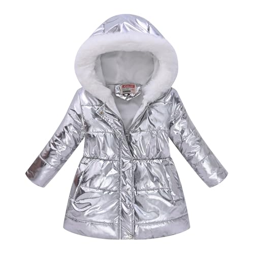Flower Print Parka Winter Coats Fur Hooded Warm Puffer Snow Jacket Coat Windproof Puffer Outerwear for Girls (Silver, 5-6 Years)2