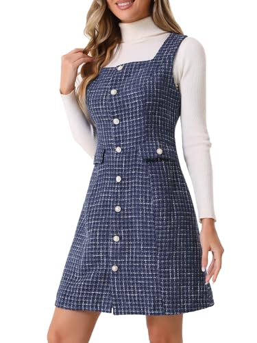 Allegra K Damen Tweed-Kleid Ärmellos Quadratischer Knopfleiste A-Linie Trägerkleid Navy blau XL