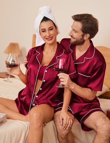 Image of Ekouaer Couple Matching Pajamas Sets Silk Short Sleeve Button Down Sleepwear Satin Pjs Shorts Set Soft Loungewear S-XXL