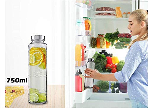 Image of Glass Fridge Water Bottle Set of 6 with Airtight Leak Proof Steel Cap, Ideal for Milk, Juice, Shakes and Storage (750ML)