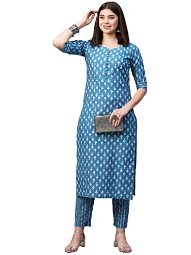 Image of GoSriKi Women's Cotton Blend Printed Straight Kurta With Pant