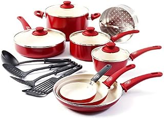 GreenLife Soft Grip 16pc Ceramic Non-Stick Cookware Set, Red