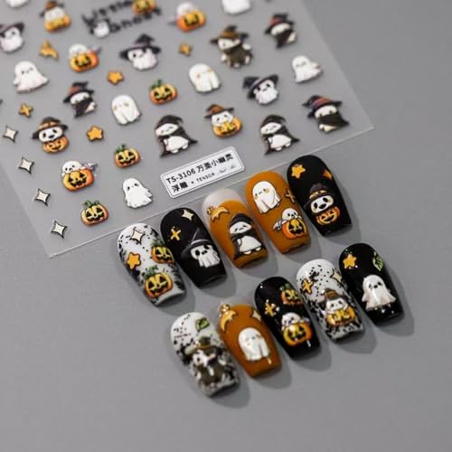 Image of Halloween Nail Art Stickers 5D Embossed Self Adhesive Nails Decals Cute Ghost Nail Sticker with Design for Women Girls Halloween Supplies Manicure Decorations Accessories