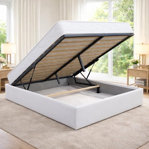 King of Dreams Ensemble Lit Coffre et Matelas 140x200 cm - Couleur : Blanc - Sommier Relevable avec Vérins Hydrauliques - Matelas Soutien Ferme Mousse...