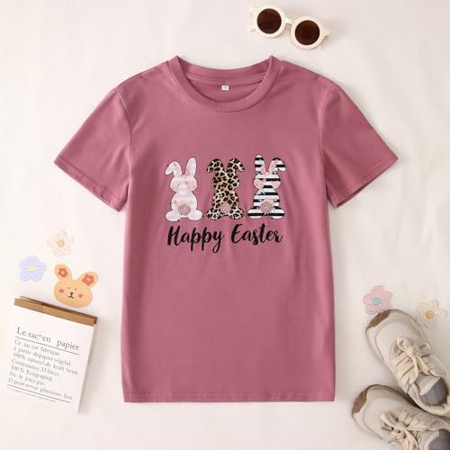 Image of MODNTOGA Girls Happy Easter Shirt Big Kids Easter Outfit Leopard Bunny Graphic T-Shirt Cute Rabbit Print Short Sleeve Tee Top (Pink, 8-9 Years)