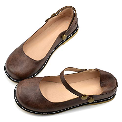 100FIXEO Women Buckle Ankle Strap Mary Jane Flat Shoes (6, Dark Brown)