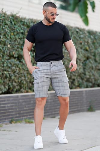 Image of GINGTTO Mens Slim Fit Shorts Plaid Chino Short Tapered Leg Skinny Stretch