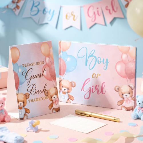 Image of Fuyoooo 27 Pcs Blue and Pink Bear Baby Shower Guest Book Set Baby Shower Sign in Guest Balloon Book Place Table Cards with Gold Pen Adhesive Photo Corner for Blue Pink Bear Theme Birthday Party