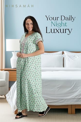Image of NIHSAMAH Cotton Nighty for Women with Pocket, Premium Printed Long Nighty | Comfortable & Fancy Sleepwear /Nightwear