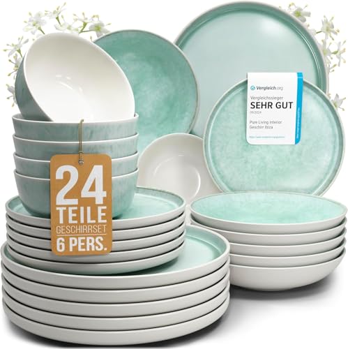 Service de Table Ibiza 24 Pièces: Vaisselle en Grès Turquoise, Adapté au Lave-Vaisselle et au Micro-Ondes, Pure Living pour 6 Personnes