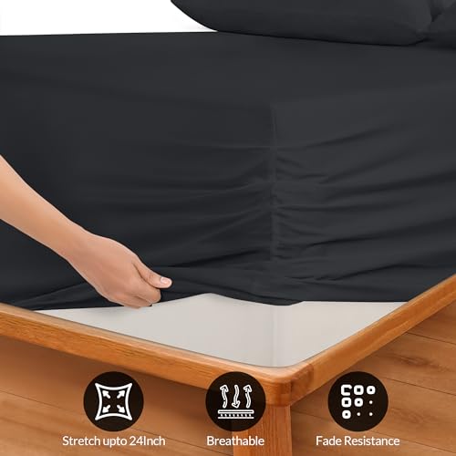 Image of Royale Linens Extra Deep Pocket Twin Fitted Sheet Only - Twin Size Deep Pocket Black Fitted Sheet - Fits 18 inch to 24 inch Thick Mattress - Soft & Breathable Elastic Sheets (39x75 Inches, Black)