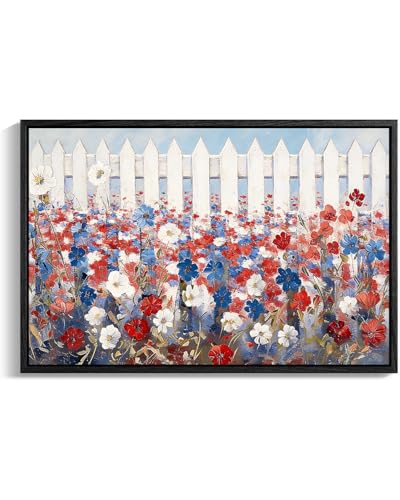 Image of Wildflower Field Framed Canvas Wall Art, 4th of July Red White Blue Canvas Prints, Vintage Rustic Landscape Patriotic Decorations, Independence Day Wall Decor for Bedroom Living Room Office 24x32