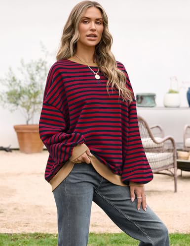 Image of UEU Women Oversized Striped Crewneck Sweatshirt Long Sleeve Color Block Pullover Tops Casual Loose Workout Shirt