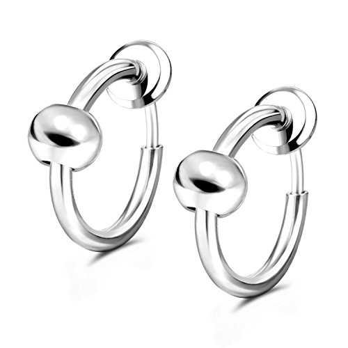 JewelrieShop Spring Hoop Earrings Clip on Earrings Fake Earrings Non Pierced Cartilage Earrings for Men Women (#05. Silver Tone with Moving Beads x 1 Pair)