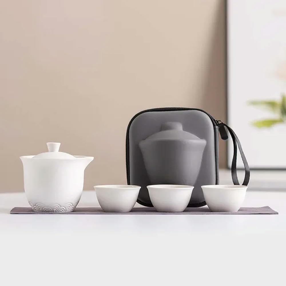 Podróżny ceramiczny zestaw do herbaty Kung Fu, Zestaw do herbaty Kung Fu z czajnikiem i filiżankami, wielokolorowa ceramika, 4 szt.(White)