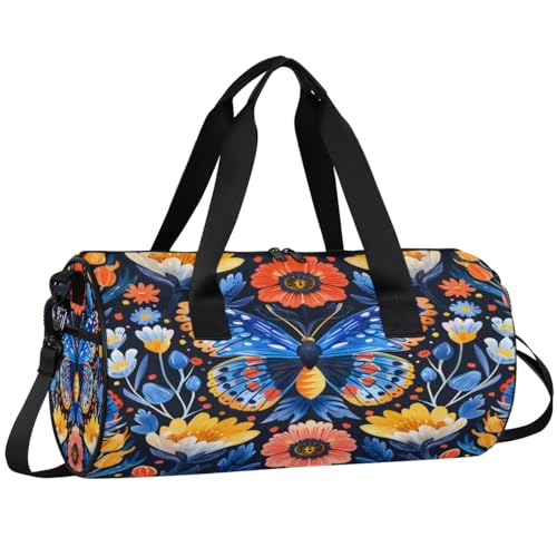 Blue Butterfly Flower Travel Gym Bag Waterproof Sport Dance Bag for Women Men Portable Gymnastics Duffel Bags Canvas Tote Carry on Handbag for Workout Overnight Weekender