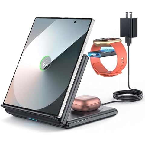 GEEKERA Wireless Charger for Samsung, 3 in 1 Foldable Wireless Charging Station for Samsung Galaxy Z Flip/Fold 6 5 4 3, S24 S23 S22 S21 S20 Ultra Plus, Fitbit Watch Versa 4/3/Sense 2, Buds 2 Pro/Live Cover