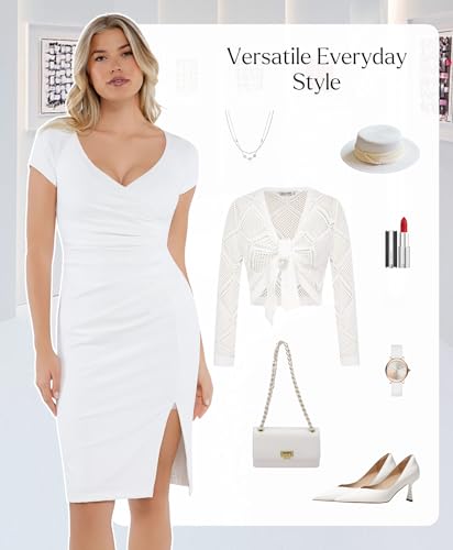 Popilush Women's V Neck Shapewear Dresses Short Sleeve Ruched Split Bodycon Cocktail Work Midi Dress White — view 2
