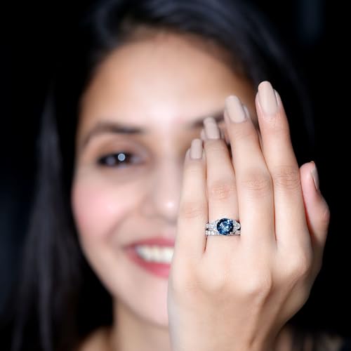 Real London Blue Topaz Engagement Ring With Wedding Band, AAA Quality, 8 mm Round Topaz Moissanite Bridal Ring Set4