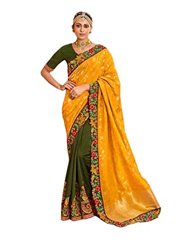 Sari indien soie jaune vert 6,3 mètres vêtement mariage traditionnel 7701
