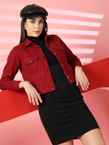 Image of CHKOKKO Solid Crop Jackets for Women stylish latest Long Sleeve Stylish Winter Shirt Jacket Casual Outerwear for Office