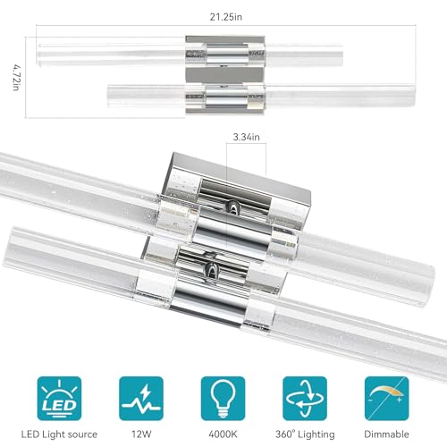 Image of Crystal Wall Sconces Set of Two Chrome Wall Sconce Hardwired LED Bathroom Vanity Light Fixtures 21.25in 4000K Vertical and Horizontal Wall Mounted Sconces for Bedroom, Living Room, Hallway
