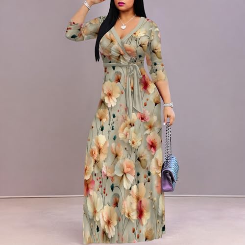 Image of Women Plus Size Long Sleeve V Neck Maxi Dress with Belt | Soft fabric relaxed fit three quarter sleeve v neck with pockets for party and daily wear