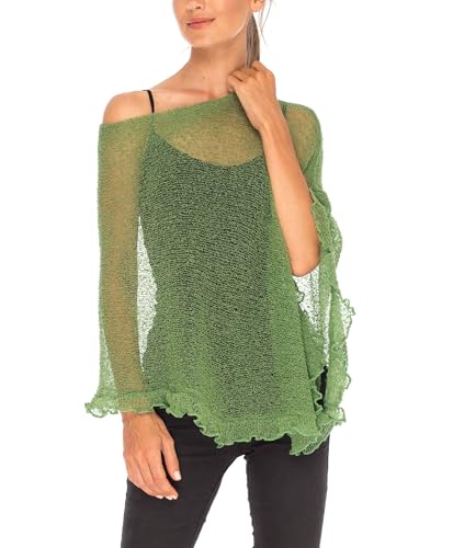 Image of SHU-SHI Women's Sheer Knit Poncho Shrug Lightweight Asymmetrical Ruffle Wrap Dressy Summer Shawl Cover Up Top