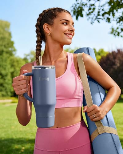 Image of Renoj Insulated Mug 100% Spill Resistant Insulated Water Bottle for Iced Coffee & Hot Drinks - Fits Car Cup Holder, Ideal Gift, 2 Straws & Silicone Boot - FlexSlide Navy Blue 40 oz