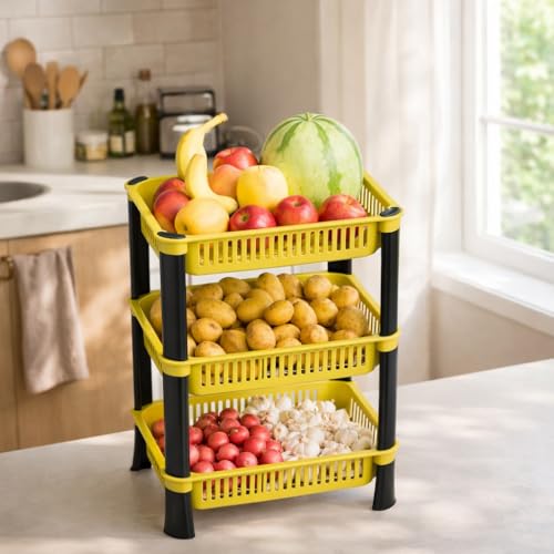 Image of Plastic Kitchen Rack, Multipurpose Vegetable & Fruit Storage Basket Organizer for Home, Pantry & Kitchen - Strong & Easy to Assemble (3 Layer, Yellow)