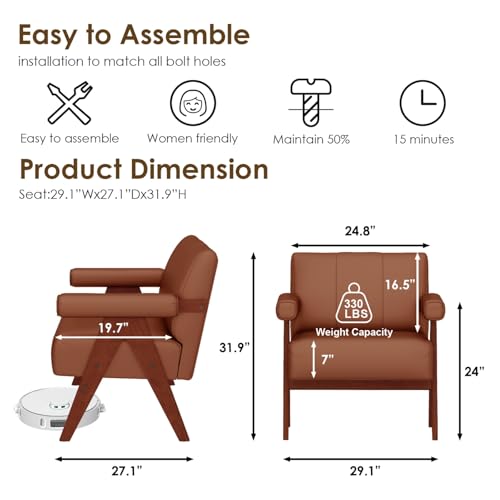 Image of STHOUYN Faux Leather Accent Chairs Set of 2, Wooden Arm Chairs (Brown) | STHOUYN, Mid Century Modern, Living Room, Office ,Waiting Room
