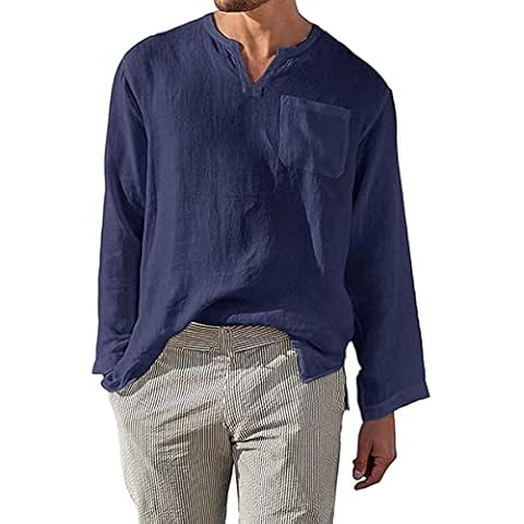 Men's Shirts Casual Linen Shirt Lightweight Fashion Long Sleeve Henley T Shirts Navy M Cover