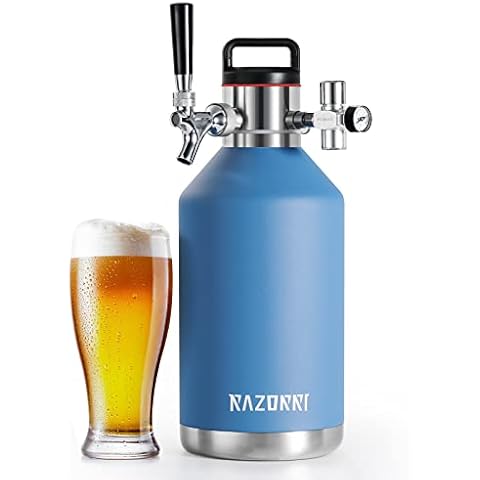 Razorri 128oz Beer Growler Stainless Steel - Carbonated Keg, Double-Wall Vacuum Insulated - Professional Bar Tap - Pressurized CO2 Regulator - Keeps Drinks Perfectly Cold - 1 Gallon, Ocean Blue Cover