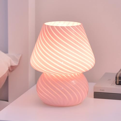 Gobesty Mushroom Table Lamp Glass Mushroom Night Light 3 Color Changing Dimmable Desk Lamp Pink Bedside LED Glass Desk Light for Bedroom Living Room Office