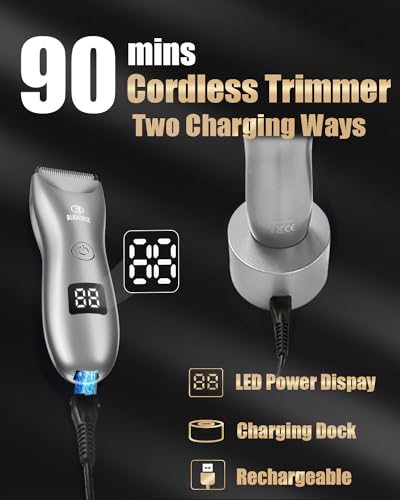 Image of ENSSU Body Hair Trimmer for Men with Light, Ball Trimmer Men Waterproof, Pubic Groin Hair Trimmers for Man Rechargeable Body Groomer with Standing Recharge Dock,LED Display