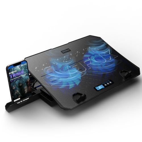 EvoFox Frost Plus Laptop Cooling Pad | Laptop Cooler Pad with Dual Fans, Blue LED Backlight, Iron Mesh Design, LCD Display, Adjustable Stand,...
