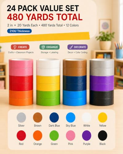 Image of 24 Pack Colored Duct Tape Heavy Duty Rainbow Bright Variety Bulk
