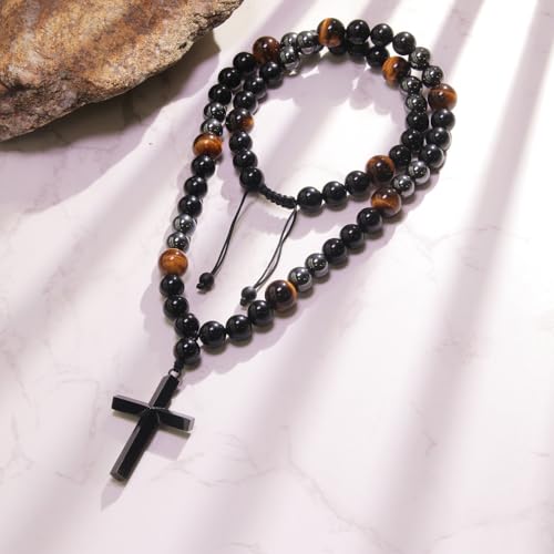 Healing Crystal Beads Necklace for Men Triple Protection Men Cross Necklace Black Obsidian Tiger Eye and Hematite Beads Christmas Gifts for Prayer and Meditation3