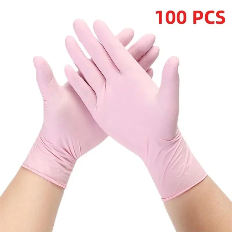 20/50/100 szt. Różowe rękawiczki nitrylowe, jednorazowe, lateksowe, bezpudrowe, do sprzątania domu i salonu kosmetycznego, kuchni(Pink 100PCS,L)