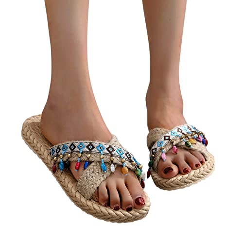 Woven Sandals and Women Spring Flops and Imitation Slippers Flat Beach Summer Straw Flip Women's Slipper Slippers for Women Indoor and Outdoor (Sky Blue, 7.5)3