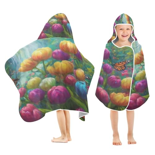 Kigai Colorful Flowers Kids Hooded Towel, 24x50 in Bath/Pool/Beach Soft Absorbent Hooded Towel Wrap for Toddler Kids