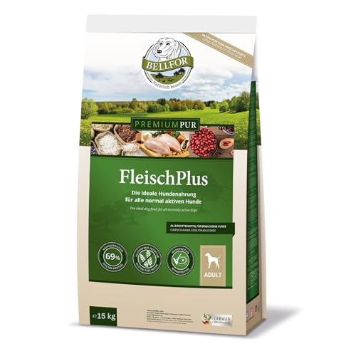 Bellfor Premium PUR FleischPlus Glutenfrei Hundefutter Trocken mit hohem Fleischanteil für normal aktive Hunde. Monoprotein-Trockenfutter für Hunde – 15 kg.
