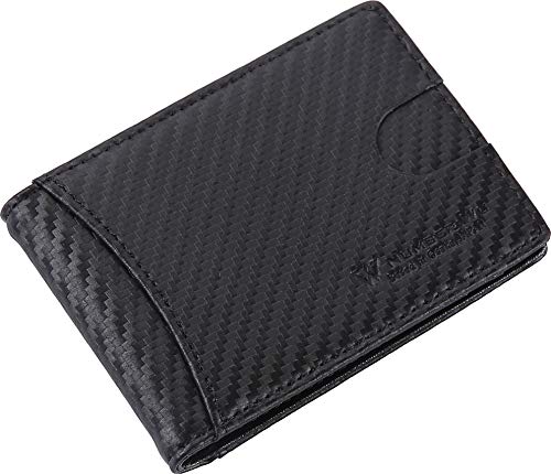 NUMBER.WU Money Clip RFID Blocking Carbon Fiber Leather Wallets for Men, Minimalist Slim Bifold Wallet for mens (Black- Carbon Fiber)