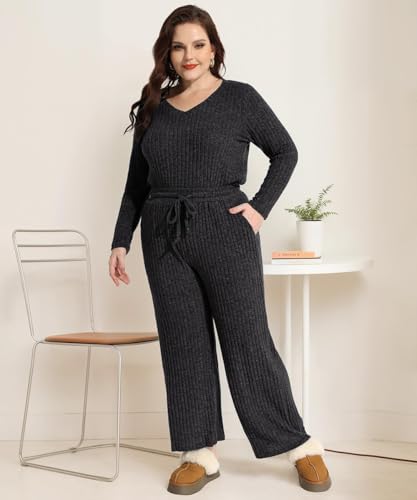 RITERA Womens Plus Size 2 Piece Outfits Lounge Sets Knit Sweatsuit Long Sleeve Pullover Tops Wide Leg Pant Pajama Sets XL-5XL3