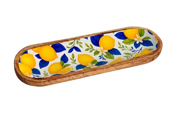 Serviertablett 29,5 cm Zitronen - Rechteckiges Tablett Holz & Harz - Zitrusdekor Gelb & Blau - 29,5 x 10 x 2 cm