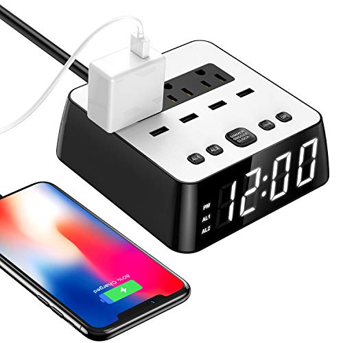 2020 LED Digital Alarm Clock Power Strip USB Charger Surge Protection 4 Dimmer