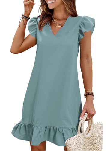 Image of QACOHU Spring Summer Dresses for Women 2026 V Neck Cap Sleeve Ruffle Hem Smock Short Casual Beach Dress