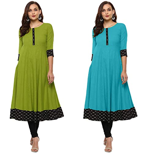 Image of NATEK Cotton Anarkali Printed Border Kurtis for Women Combo Pack of 2