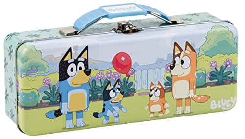 The Tin Box Company Bluey Pencil Box with Handle Clasp & Hinge Model: 479407-12 Pencil Box with Handle 8-3/8 x 3-3/8 x 2-1/4D with hinge and clasp