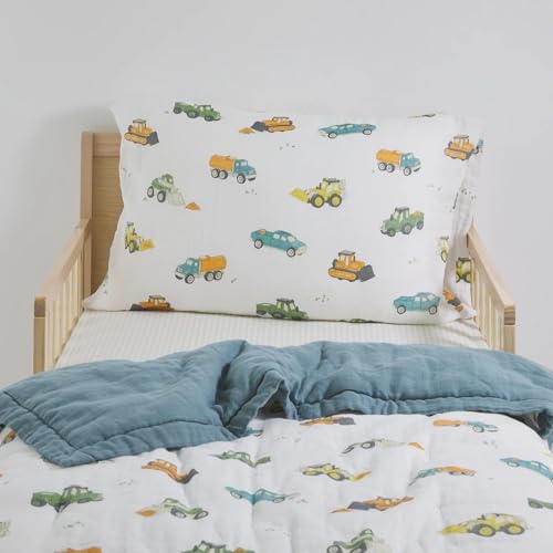 Image of Little Unicorn Toddler Bedding 3-Piece Set | Includes Comforter, Crib Sheet & Pillowcase | Soft & Breathable Muslin Fabric | for Convertible Cribs & Toddler Beds (Work Trucks)